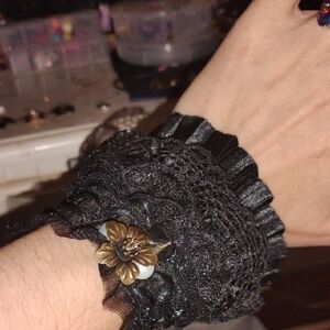 Elegant Black Lace Cuffs with Pearl, Spike Snd Flower Accents